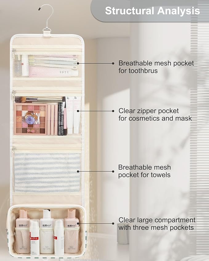 Relavel Travel Hanging Toiletry Bag for Women, Large Capacity Wash Bag with 360 degree Rotation Hanging Hook, Portable Toiletries Makeup Organizer Storage for Daily Use, Trip, Camping - Green Plaid