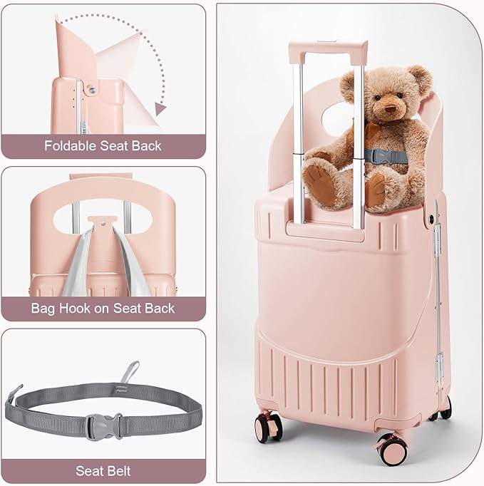 MRPLUM Ride On Luggage with Seat for Kids&Adults with Seat Belt,Hard Shell Lightweight Rolling Spinner Wheels Travel Luggage with TSA Lock,20 inch,Pink