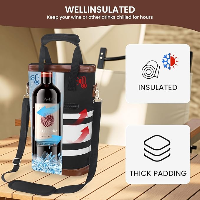 2-Bottle Insulated Wine Carrier Tote - Leakproof Padded 900D Oxford Cooler Bag for Travel, Picnics, Beach & Parties