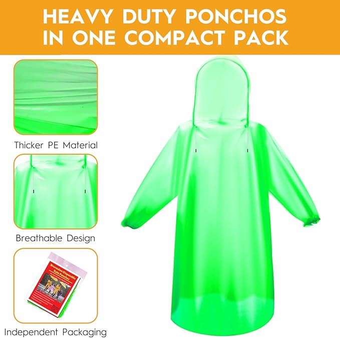 Bruvoalon 6 & 20 Pack Disposable Rain Ponchos for Adults/Youth, Waterproof PE Raincoats with Drawstring, Camping/Emergency