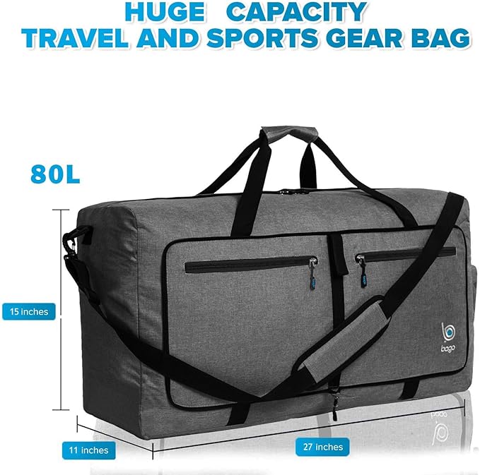 Bago Large Foldable Duffel Bags for Traveling Women & Men - 80L Packable Duffle Bag for Travel with Shoe Compartment - Water Repellant, Heavy Duty, Lightweight Folding & Collapsible (SnowBlack)