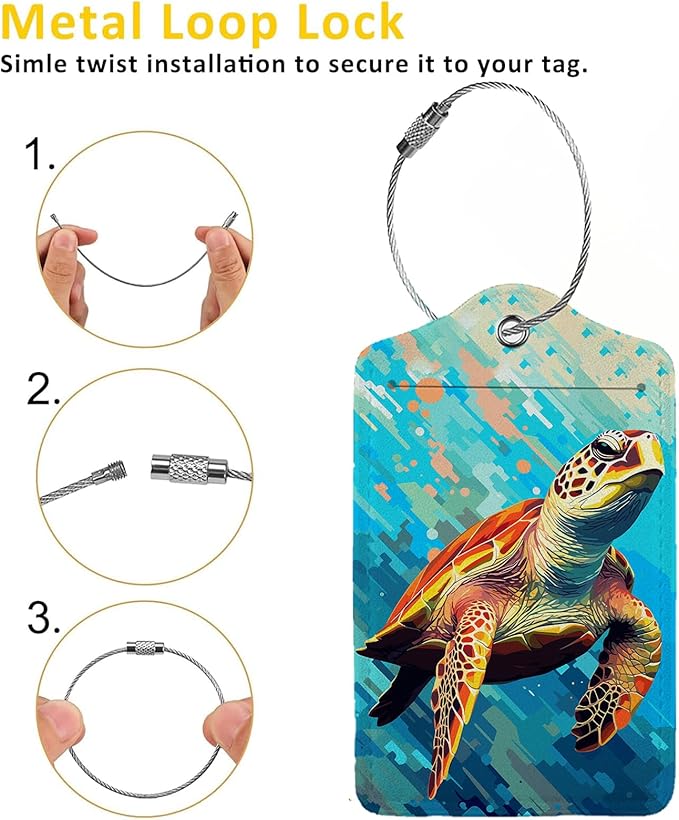 Colorful Wild Sea Turtle Luggage Tags for Suitcases,2 Pack Luggage Tag, Leather Stainless Steel Loop Label Tag for Women Girl Travel Bag