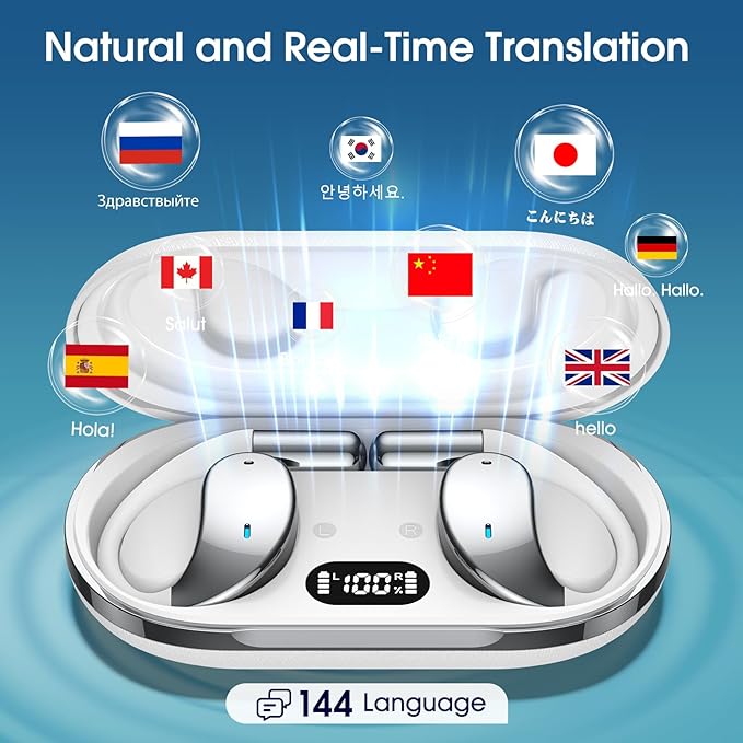 AI Translation Earbuds Real Time, 6 in 1 Instant Language Translator, 144 Languages & Accents, 8 Offline, Voice/Video Call, Wireless OWS, White