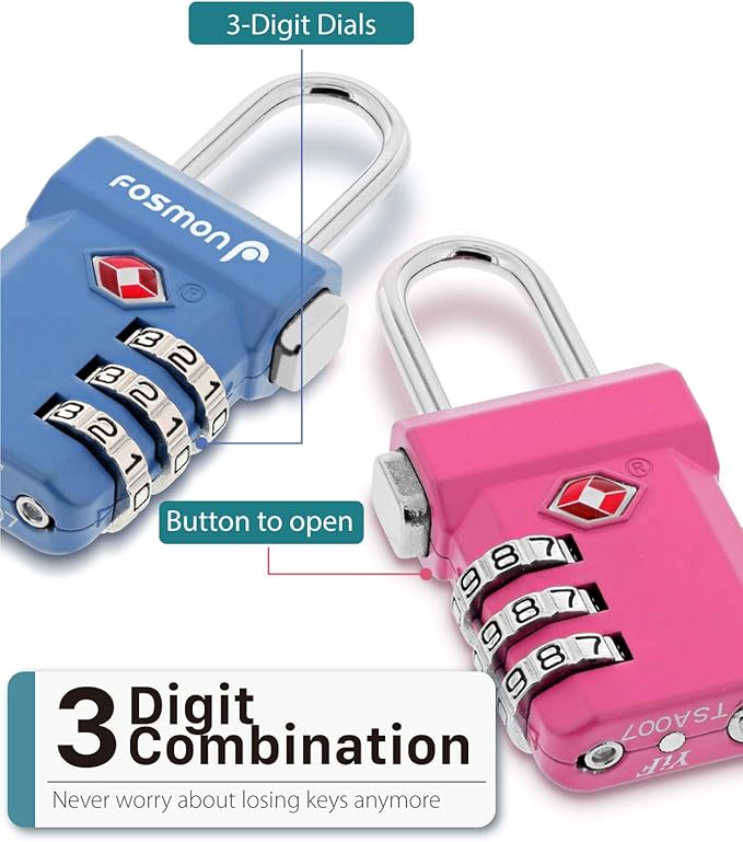 Fosmon TSA Approved Luggage Locks, Suitcase Travel Lock with Push Release Button for Extra Security, 3 Digit Combination Padlock for Gym Locker, Backpack Zipper Anti Theft, Gun Case - Silver, 2 Pack