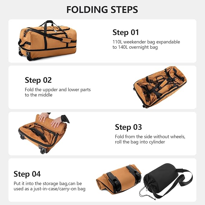CONTAIL 32" Soft-Sided Rolling Duffle Bag with 2 Wheels,Expandable from 110L to 140L, Foldable Travel Duffel with Multiple Compartments,Brown