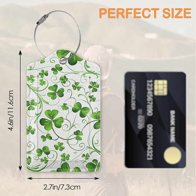 St. Patrick’s Day 3 PCS Luggage Tags, Lucky Clovers Leather Suitcase Tags with Privacy Cover Name Address Labels and Durable Steel Loop for Men/Women Travel Bag Suitcases