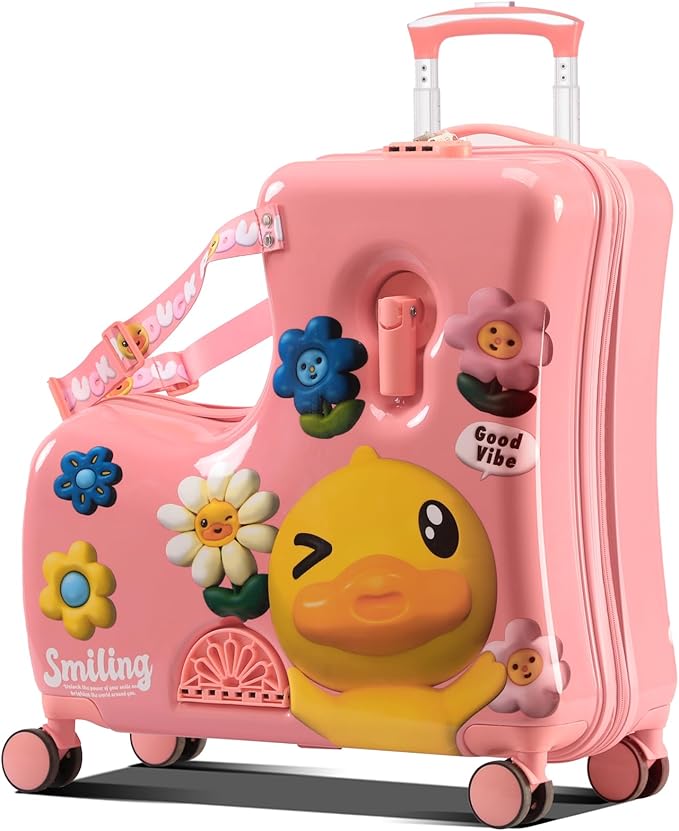 Kids Luggage, Lightweight Ride on Luggage with Spinner Wheels & Foldable Design (20-Inch+ Aged 1-3 Toddler, Pink Flower),Children Holiday Birthday Gift