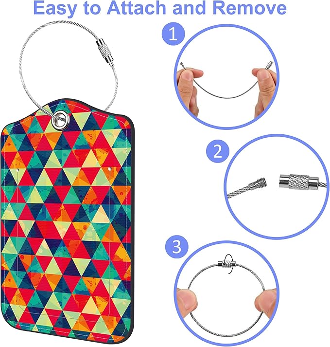 Set of 2 Luggage Tags for Suitcase Watercolor Rhombs and Colored Triangle Leather Baggage Tags Set with Stainless Steel Loop Name Address Labels Privacy Cover for Men Women Travel Bag Suitcase