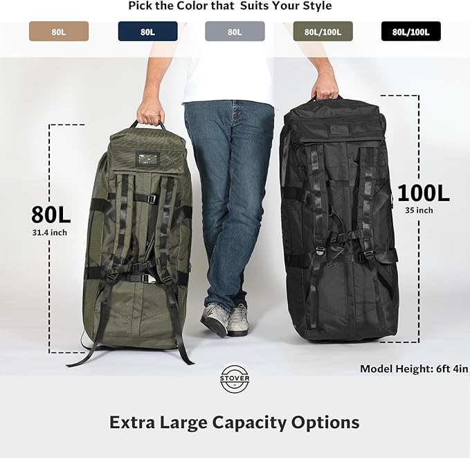 STOVER 80L Rolling Duffel Bag with Wheels, Large 31 Inch Durable Travel Duffle + Toiletry Bag, Heavy Duty, Packable, Foldable w/Shoulder Straps- Use as Luggage or Backpack, Men/Women (Blue)