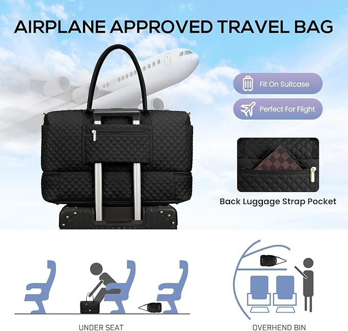 Travel Weekender Bags for Women - Duffle Bag Women with Shoe Compartment Carry On Overnight Bag with Toiletry Bag Duffel Bags with Wet Pocket for Gym Hospital Bags for Labor and Delivery Black