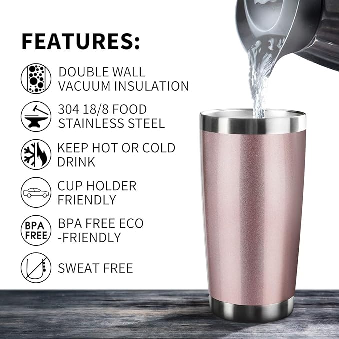 20oz Tumbler Bulk Stainless Steel Vacuum Insulated Tumblers with Lid Double Wall Travel Mug, Powder Coated Coffee Cup, Suitable for Ice Drinks and Hot Beverage (Rose gold 6pack)