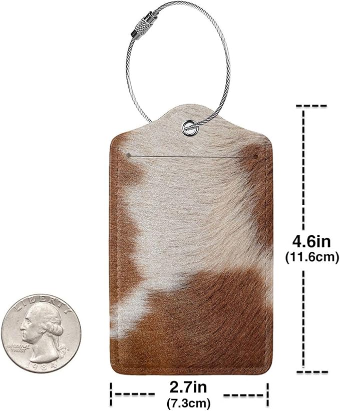 2 Pcs Funny Brown Cowhide Pattern Luggage Tag for Suitcase, Farm Animal Birthday Gift Women Men Boy Girl, Steel Loop with Privacy Cover ID Label