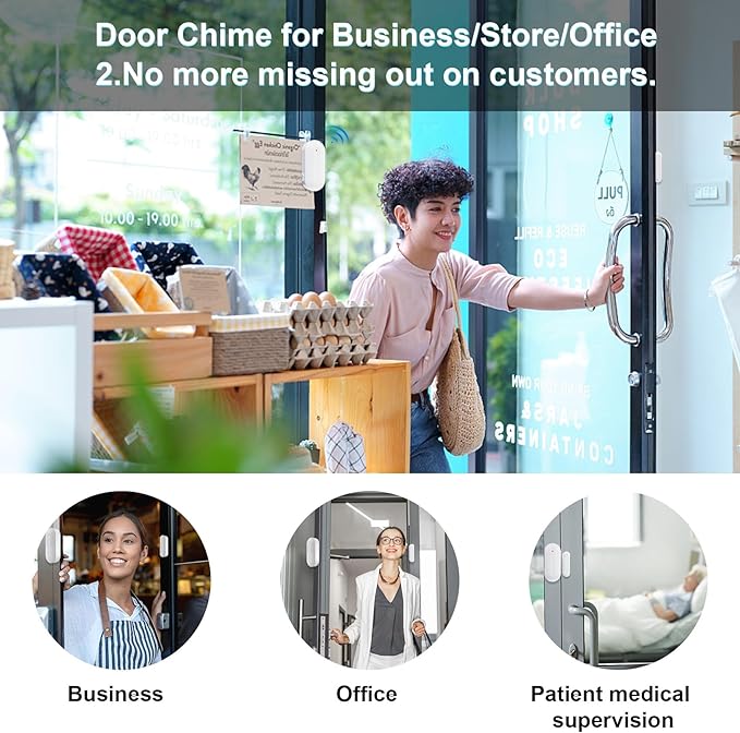 SanJie Door Chime, Door Open Contact Sensor Alarm for Business/Store/Home/Office When Entering, with 500 FT Range,26 Chimes 5 Adjustable Volume 2 Receivers +2 Sensors