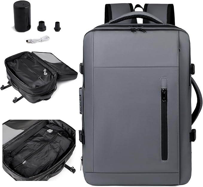 Vacuum-sealed travel computer backpack, Water-Resistant, With vacuum pump, Multiple Compartments, Anti-theft combination lock (Green)