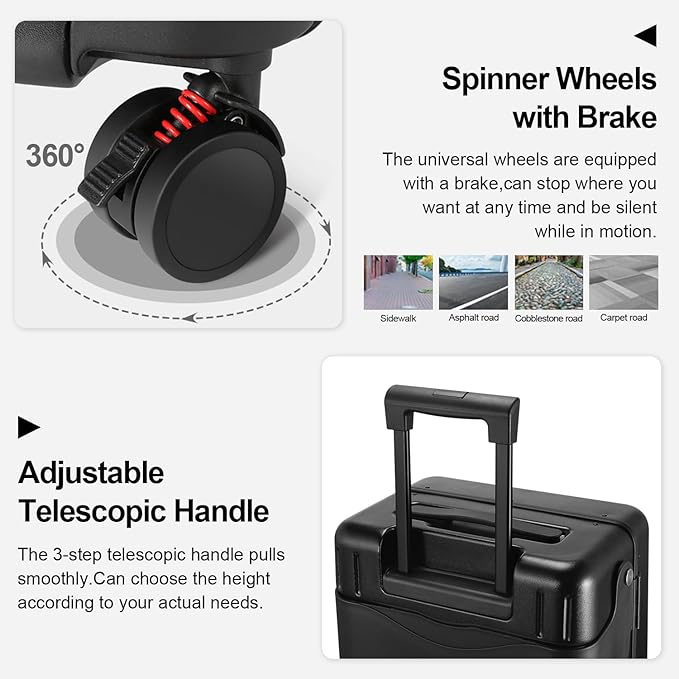 Ride On Luggage with Foldable Seat for Kids&Adults with Seat Belt,Hardshell Ride On Suitcase with Front Pocket,Lockable 4-Spinner Wheels,USB Port,TSA Lock,20 inch,Black