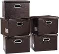 PRANDOM Large Stackable Storage Boxes with Lids [5-Pack] Leather Fabric Foldable Storage Bins Organizer Containers Baskets Cubes with Cover for Bedroom Closet Office Nursery Brown(17.7x11.8x11.8)