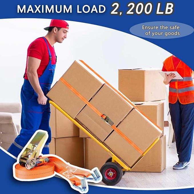 Ratchet Straps (4-Pack), 1 Inch x 16.4 Feet (2200lb Break Strength) with Sturdy Metal Hooks, 1x Work Gloves, Heavy Duty Tie Down Straps for Truck, Cargo Trailer, Motorcycle, Luggage, Moving (Orange)