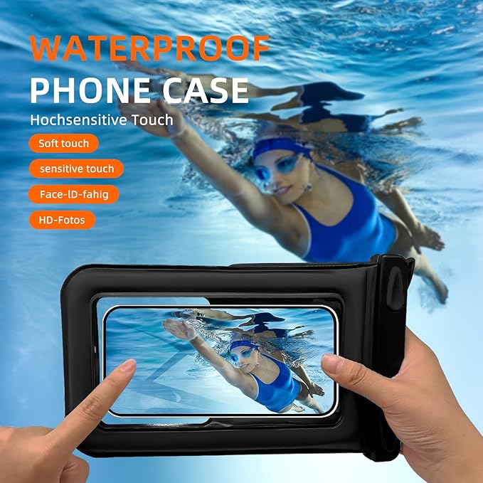 Waterproof Phone Pouch Double Pocket, Floating IPX8 8.5 inch Waterproof Phone Case for Beach Vacation Essentials for Compatible iPhone 16 15 14 Pro Max Galaxy S25 S24 Ultra Phone Pouch Black