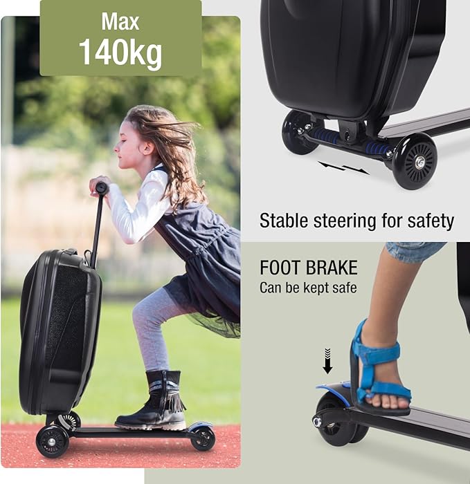 20" Scooter Suitcase for Kids, 2-in-1 Ride On Luggage with Wheels for Boys & Girls Ages 4-15, Foldable Hardshell Carry On Lightweight Travel Suitcase for Airplane
