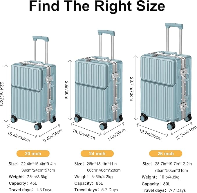 Hard Shell Luggage 28 Inch Travel Luggage, Carry-On Luggage Spinner TSA with Lid, ABS Aluminum Frame，Lightweight Travel Luggage 20'' 24'' 26''Carry-On (upgraded blue, 28 inch)
