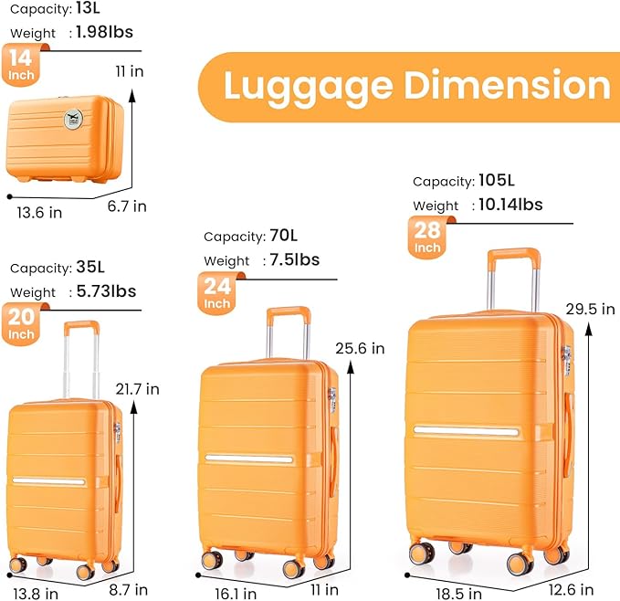 Campfun Luggage 4 Piece Sets, Expandable Carry On Luggage Set Hardshell PP, Suitcase Set with Double Spinner Wheels, Checked Durable Lightweight with TSA Lock, 14/20/24/28in, Orange(A)