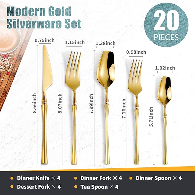 20-Piece Gold Silverware Set for 4,Modern 18/10 Stainless Steel Flatware Set,Unique Rustic Cutlery Utensils Set,Spoon and Fork Set for Home, Restaurant,Wedding,Mirror Polished,Dishwasher Safe