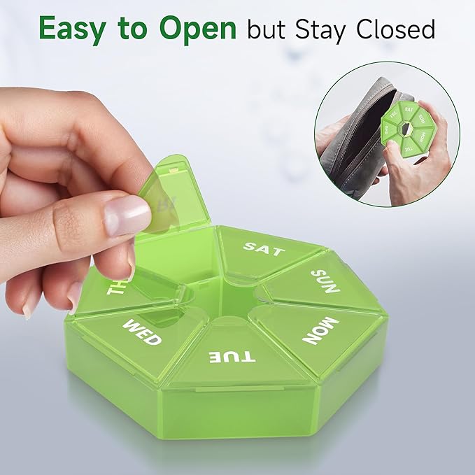 Weekly Pill Organizer, 2 Pack Portable Pill Box Medicine case 6 Colors (Seven Day) New Edition for Vitamin/Fish Oil/Pills/Supplements-Arthritis Friendly (Green)