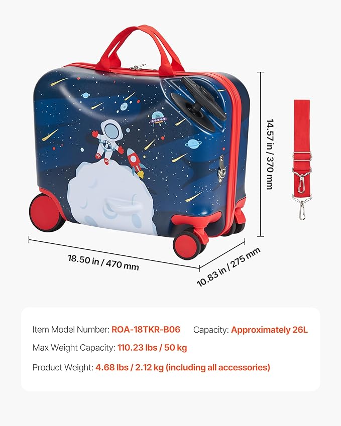 VEVOR Ride-on Luggage, 26 L Capacity, 18 Inches Tow Along Toddler Carry on Luggage with Wheels, Adjustable Shoulder Strap, Lightweight Kids Riding Suitcase for Boys & Girls Aged 3+, Blue & White