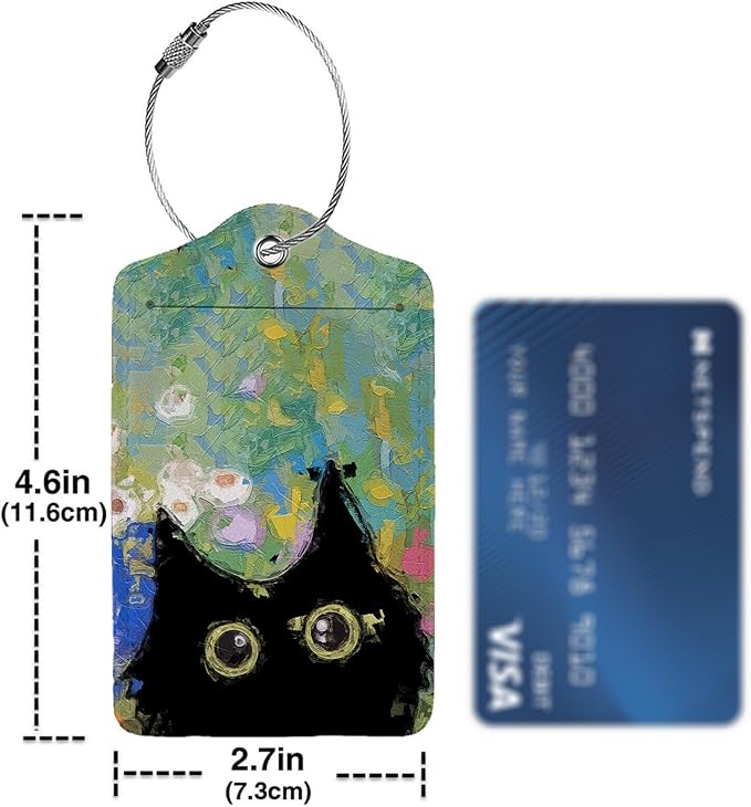 Oil Painting Black Cat 2 Pcs Luggage Tags,Privacy Cover ID Label with Stainless Steel Loop and Address Card for Travel Bag Suitcase
