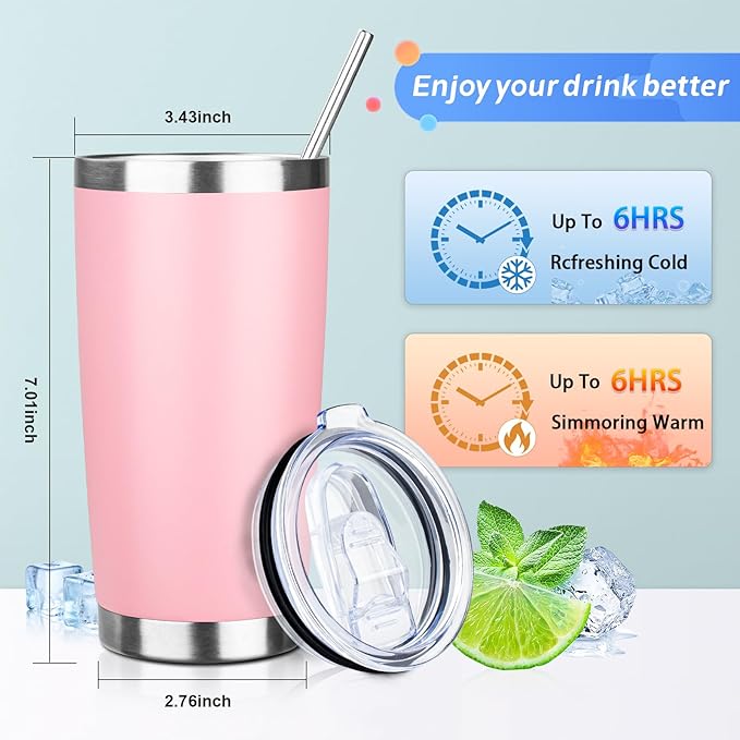 20oz Tumbler with Straw and Brush, Stainless Steel Vacuum Insulated tumbler, Double Wall Insulated Coffee Tumbler for Outdoor, Home, Travel,Office (Light Pink,1pcs)