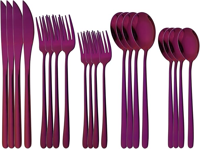 20 Pieces Silverware Set 304 Stainless Steel, Healthy & Eco-Friendly Silver Travel Mirror Polished Purple Knife Fork Spoon Salad Fork Dessert Spoon Flatware Set, Service for 4