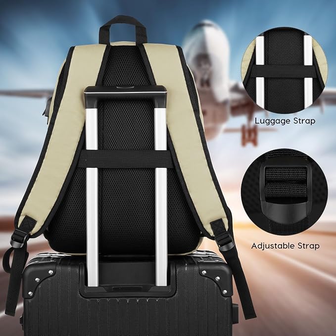 School Backpack,Unisex Classic Bookbag Teens Schoolbag with USB Port for High School College Office Work Travel, 15.6 inch, Beige