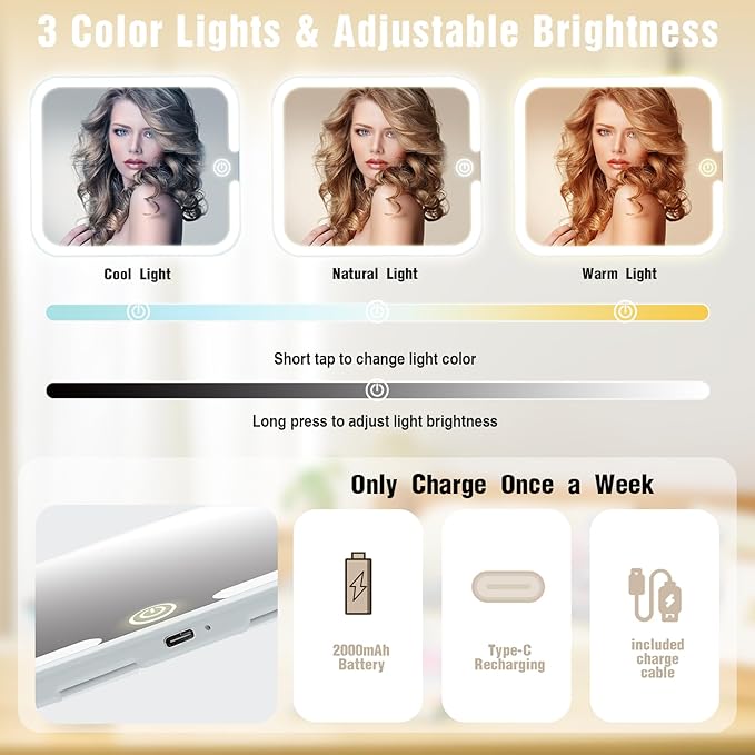 Makeup Bag with Removable Lighted Mirror, Travel Make up Bag with Lights Portable Makeup Case Organizer with Mirror 360° Adjustable Angle, Partitionable Cosmetic Bag Accessories Makeup Train Case Gift