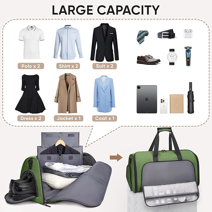 BALEINE Convertible Garment Bag with Shoe Compartment, 2 in 1 Carry on Garment Duffle Bags for Travel, Suit Bag for Men Women (Green)