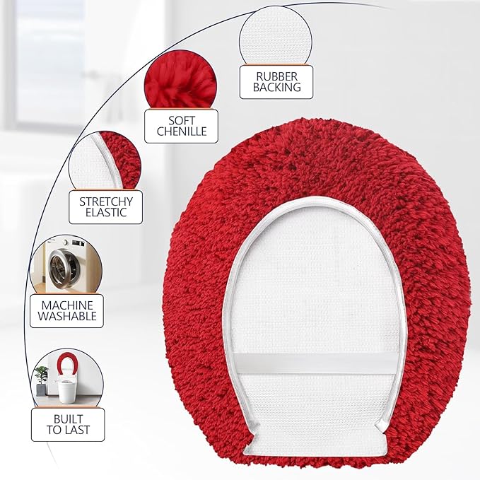 Microfiber Elongated Toilet Seat Cover 19.5"x 15" Machine Washable Solid Toilet Lid Cover Adjustable Rubber Backing Fits Most 18-19.5" L x 14-16" W Elongated Toilet Seat