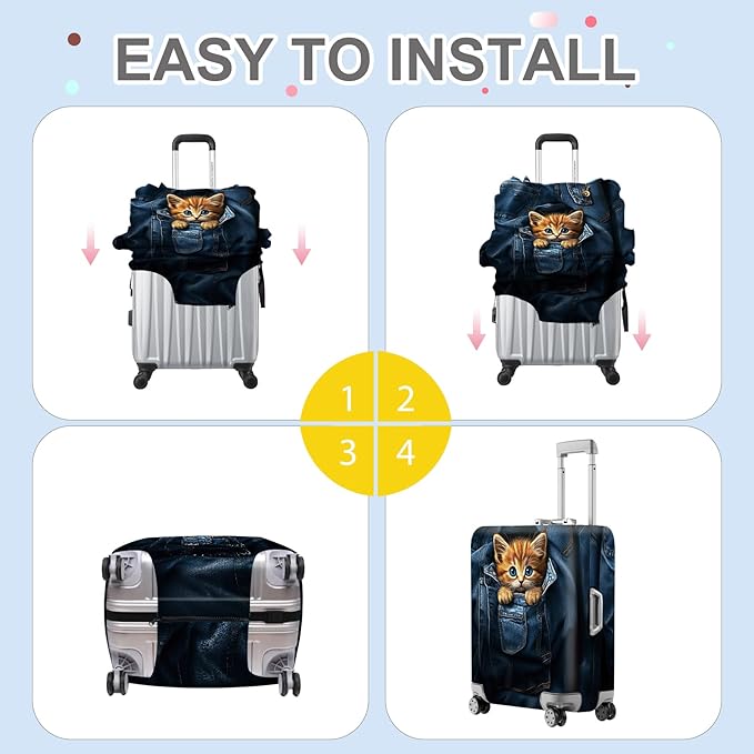 ANNA QUEEN Cute Kitten in Pocket Luggage Cover, Funny Cat Suitcase Protector with Denim Print, Stretchable & Washable Spandex Travel Cover for 24-26 Inch Luggage