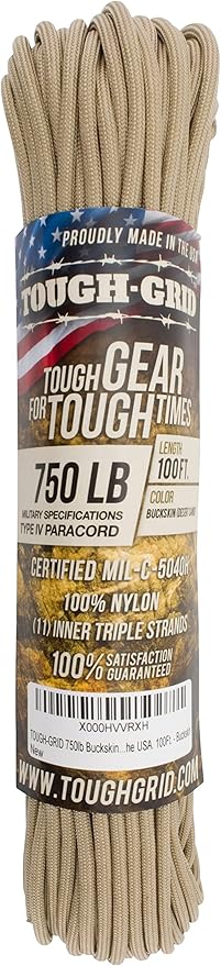 TOUGH-GRID 750 Paracord Rope Nylon Parachute Cord, Made in USA Survival Kit, Outdoor Adventures, Camping, Tactical Gear & Emergency Supplies, Military Type IV Mil-Spec