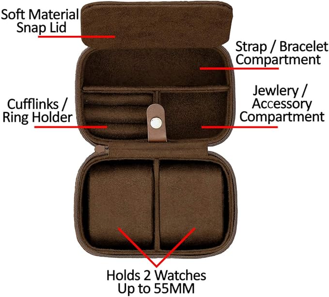 ROTHWELL 2 Watch Travel Case Storage Organizer for 2 Watches | Tough Portable Protection w/Zipper Fits All Wristwatches & Smart Watches Up to 50mm