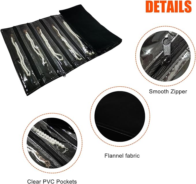 Travel Jewelry Roll Bag Portable Organizer Pouch With Grids&PVC Cover Storage Bags for Necklace, Bracelet, Bracelet,Ring, Badge, Pendant