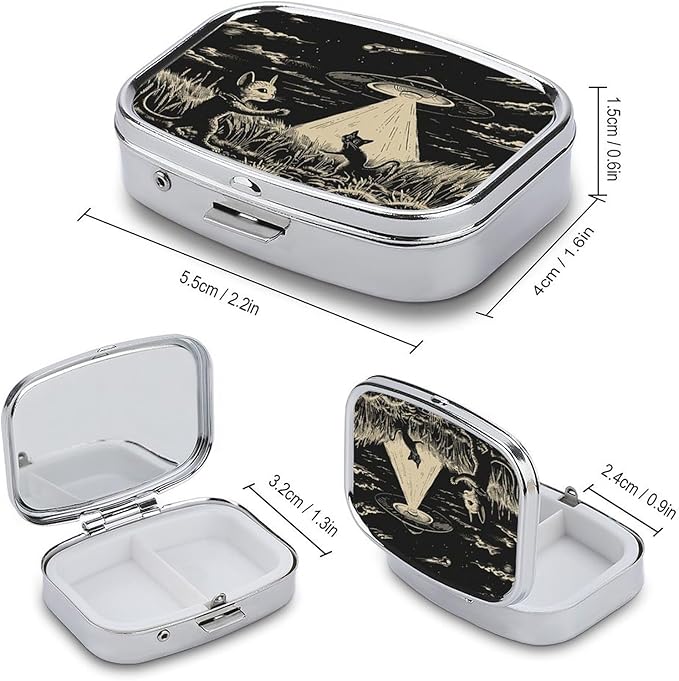 Metal 2 Compartment Pill Organizer Travel Friendly Portable Compact Pill Box Cute Pill Case to Hold Vitamins,Fish Oil,Supplements,Meds,Tablet for Purse,Pocket. (Cats and Spaceships)