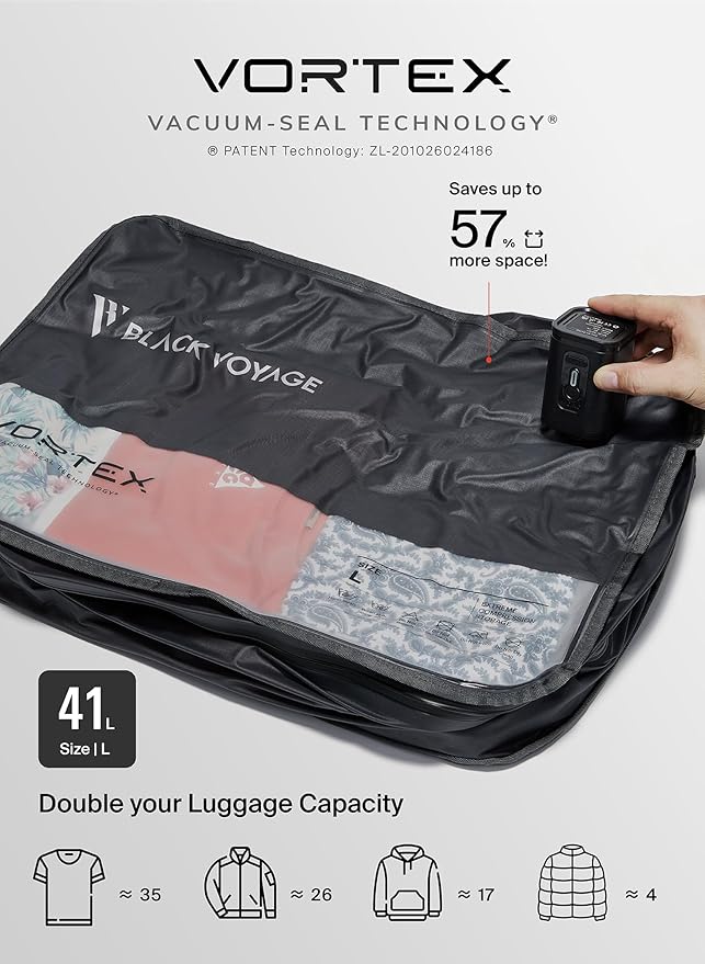 Black Voyage Reusable Vacuum Compression Travel Bag for Carry-On Suitcase and Backpack, Recycled IP67 Waterproof Space Saver Vacpack (1-Pack, 41L - No Pump)