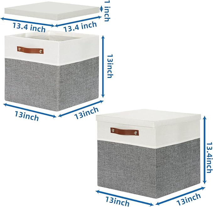 Temary Cube Storage Bins with Lids for Organizing Clothes, [2-Pack] Foldable Storage Boxes with Handles, Closet Storage Baskets for Living Room (White&Gray, 13x13x13inch)