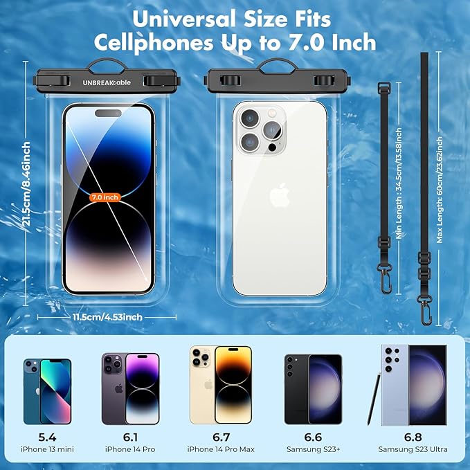 UNBREAKcable Waterproof Phone Pouch-2 Pack IPX8 Waterproof Phone Case for iPhone 16 15 14 13 12 11 Pro Max & Samsung S25 S24 S23-Dry Bag & Travel Essentials for Beach, Pool, Kayak & Cruise-7"