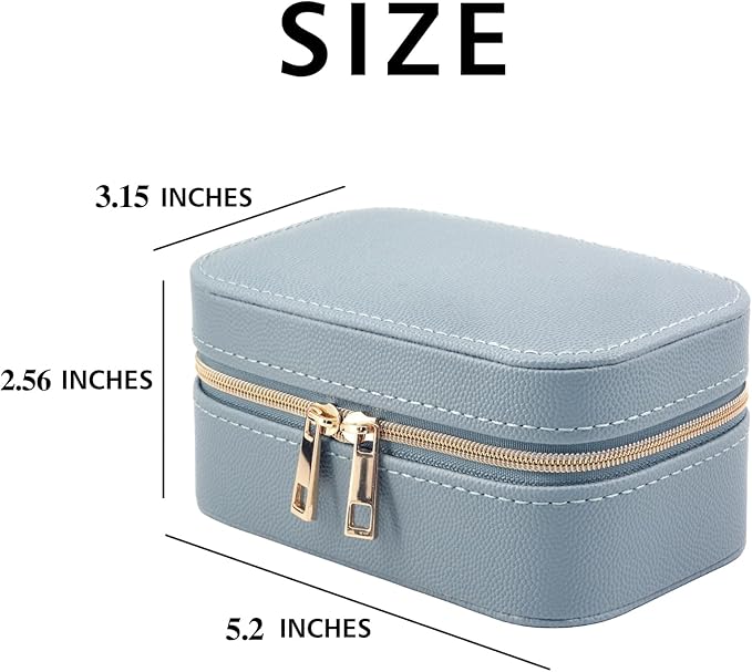 Small Jewelry Travel Case For Womens Small Rectangle PU Leather Jewelry Box With Zipper 2.56" H Portable Travel Jewelry Case For Earring Rings Necklaces Bracelets Blue Jewelry Gifts Box