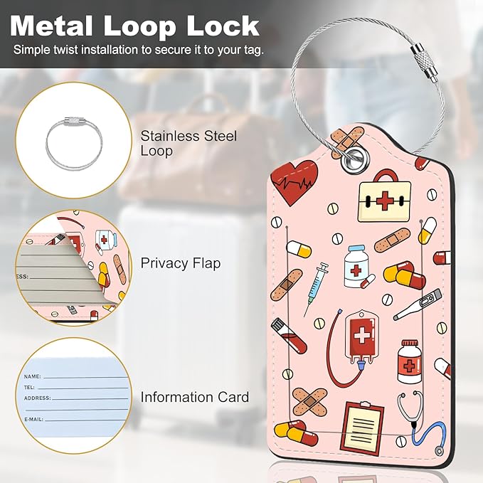 2Pack Luggage Tags for Suitcases, Cute Unique Pu Leather Cruise Luggage Tag with Privacy Cover ID Label Address Card and Metal Ring Suitable for Women Men Kids Travel Bag,Medical Instrument Pattern