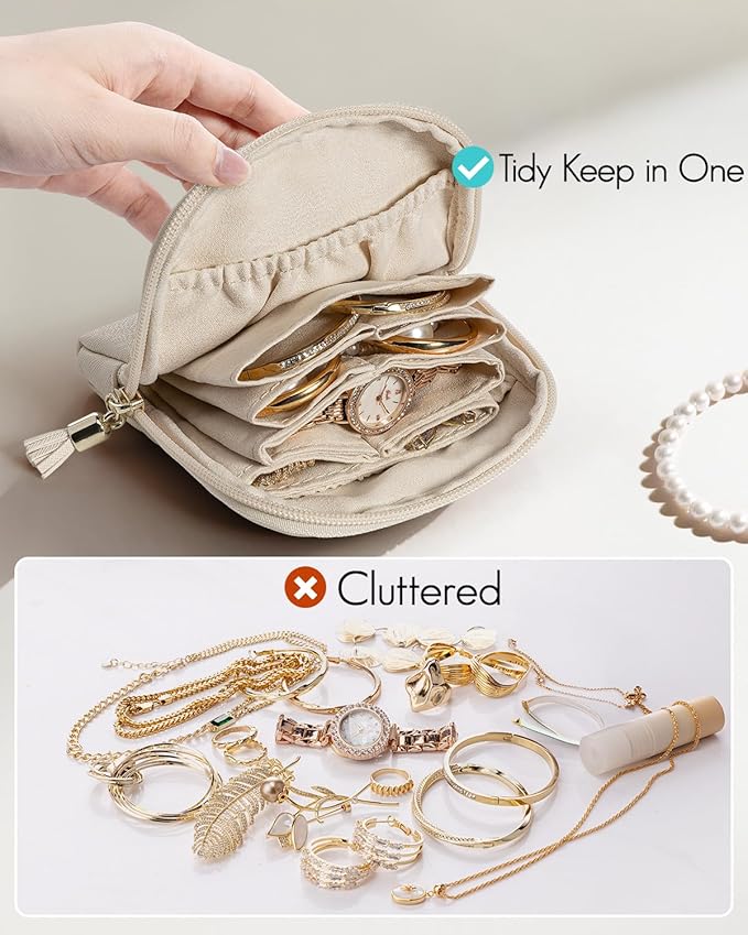 Vlando Mini Jewelry Travel Case,Jewelry Pouch Bags with Zipper,Velvet Jewelry Organizer Storage Bag for Bracelet Rings Earring Travel Essentials Gifts for Women Girl-Beige
