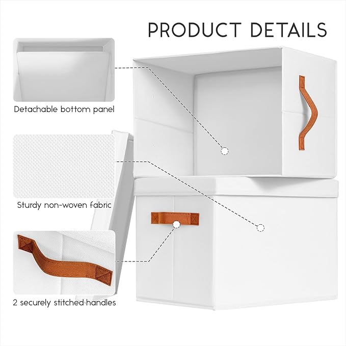 Storage Bins with Lids - Fabric Storage Baskets for Shelves, 4 Pack Foldable Decorative Boxes with Handles, Stackable Organizer Bins for Home, Nursery, Dorm, White