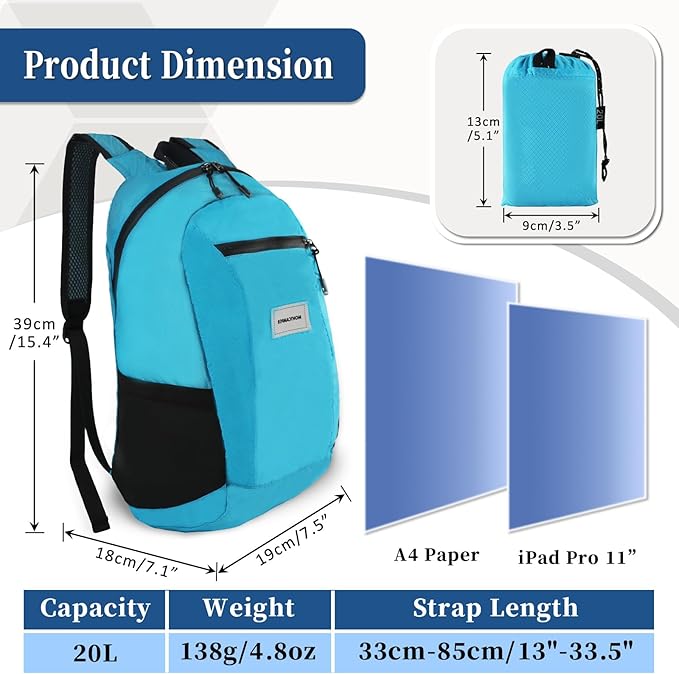 Hiking Daypack - Lightweight & Water-Resistant Portable Backpack for Travel, Camping, Outdoor Adventures(20L,turquoise blue)