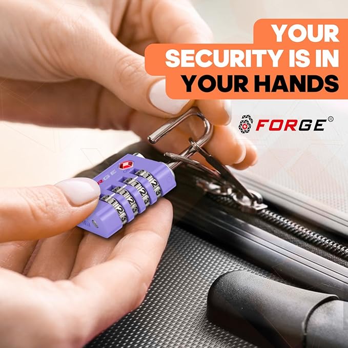 Forge Dual-Opening: Key or Combination Access Lock, TSA Approved Locks for Luggage, Pelican case, Travel, Gym, School, Stainless Steel Shackle. (Purple, 2 Pk)