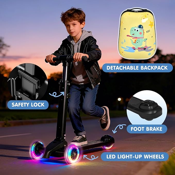 smilesun 4-in-1 Detachable Scooter Luggage for Kids & Teens – Hardside Ride-On Suitcase with Led Light Up Wheels, Dinosaur Design, Lightweight Foldable, Perfect Travel Gift for Boys(Yellow 22-inch)